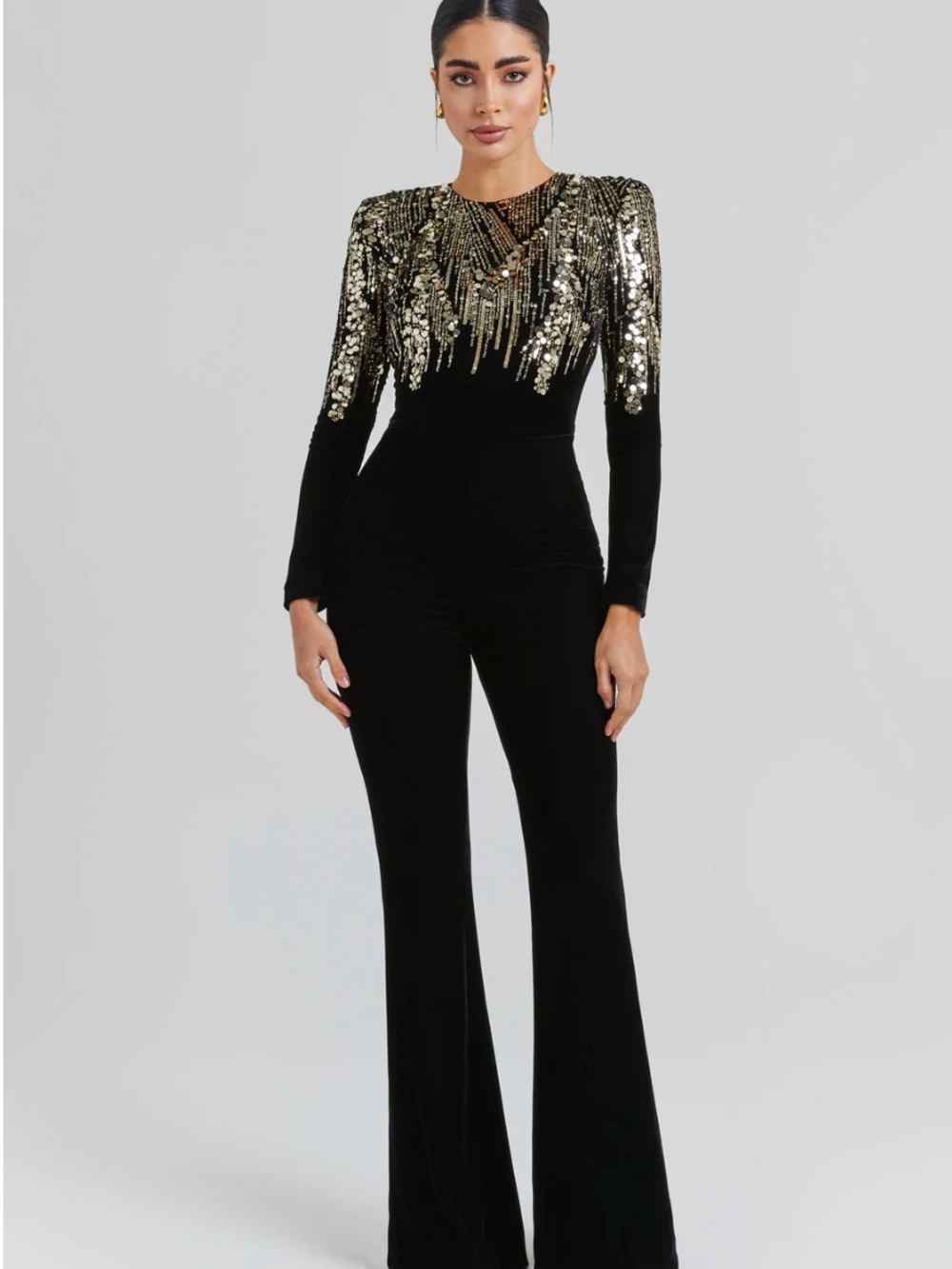 BRAND NEW NADINE MERABI Katarina Black Velvet Jumpsuit with Gold Sequin Fringe